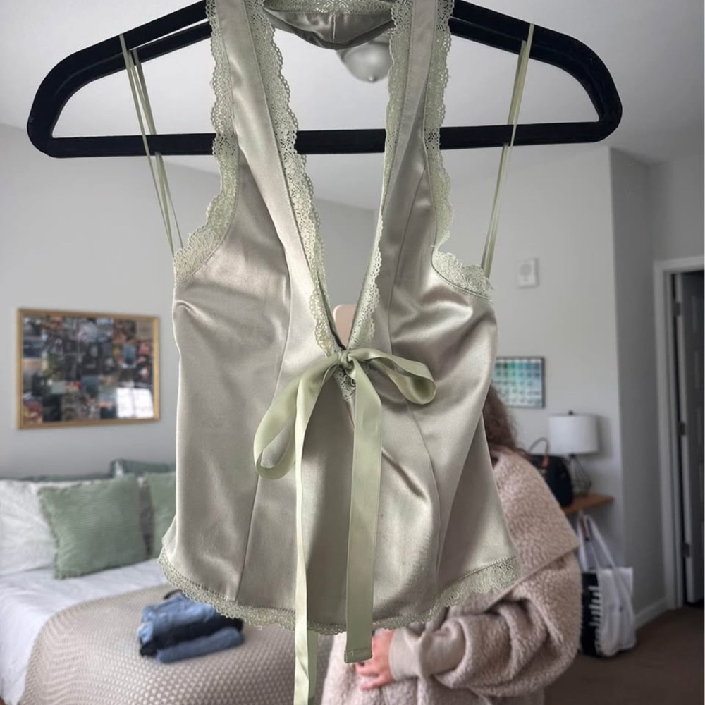 Urban Outfitters Satin Lace Trim Chemise in Light Green